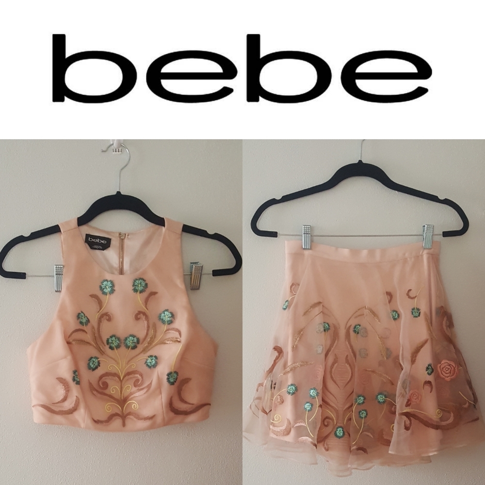 Bebe Embroidered Floral Formal Crop Top and Skirt Set